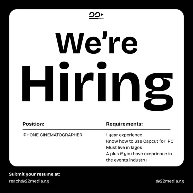 HIRING! HIRING!! HIRING!!!

Please go through the requirements and only send mails to reach@22media.ng . 

Share to anyone you know who needs this.